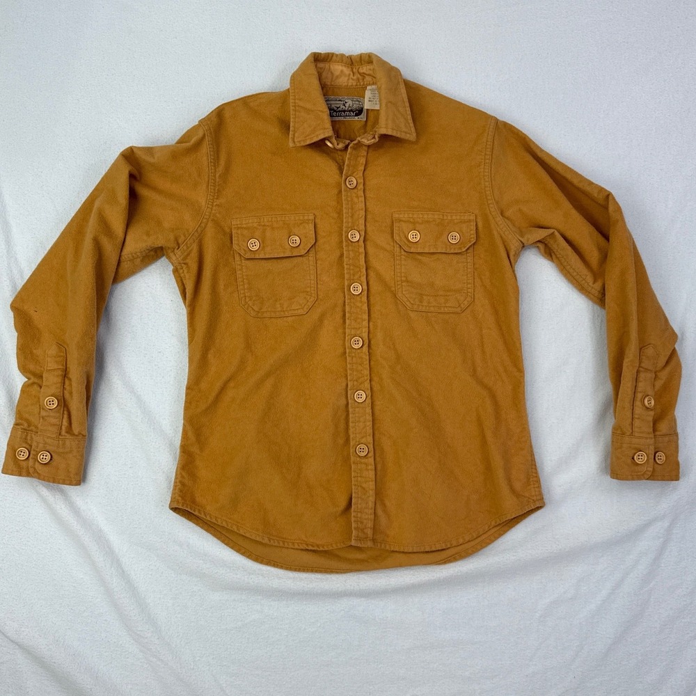 Vintage Terramar Boys Mustard Tan Button Down Long‎ Sleeve Shirt Chamois Sz M